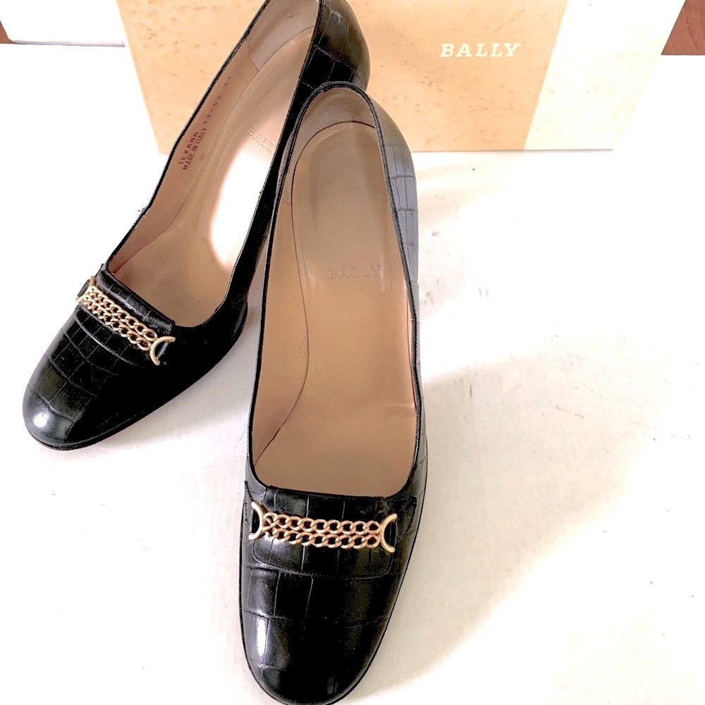 Bally croc print shiny black real calf leather pump gold chain bow Eu 41 US 10.5